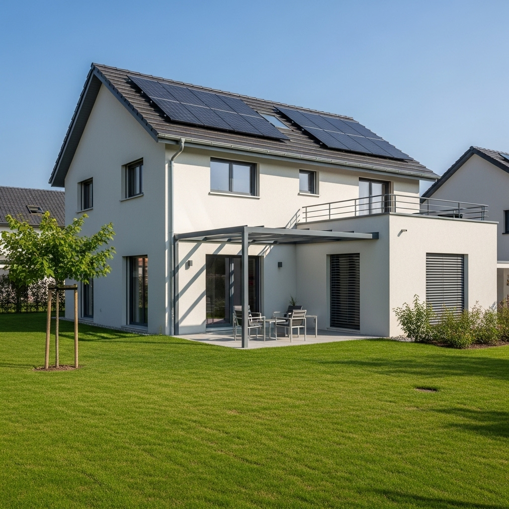 Maison moderne avec panneaux solaires sur le toit